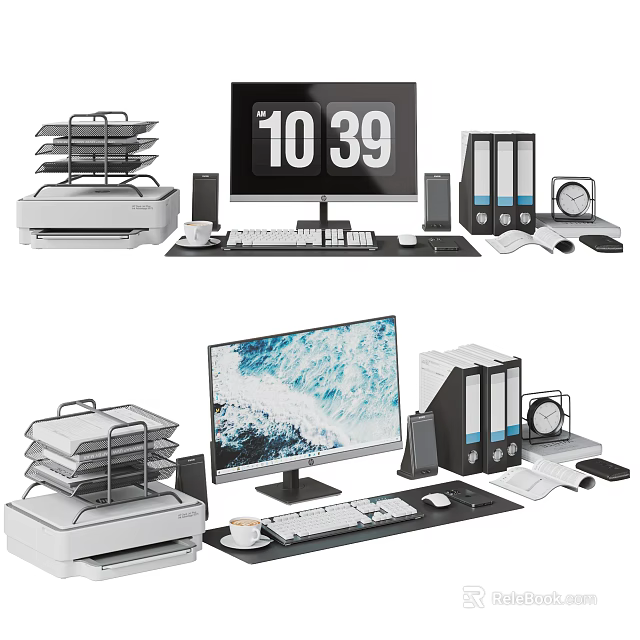 Modern Computer Workstation Setup With Monitor Keyboard Mouse Printer Binders And Clock 3d model