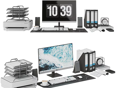 Modern Computer Workstation Setup With Monitor Keyboard Mouse Printer Binders And Clock 3d model