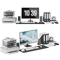 Modern Computer Workstation Setup With Monitor Keyboard Mouse Printer Binders And Clock 3d model