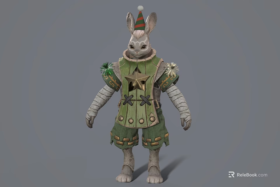 Anthropomorphic Rabbit Game Movie Character In Green Costume With Star Decoration And Striped Hat 3d model 