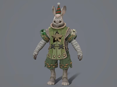 Anthropomorphic Rabbit Game Movie Character In Green Costume With Star Decoration And Striped Hat 3d model
