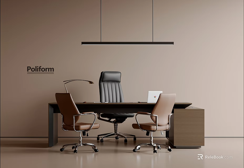 Modern Office Desk Setup With Black Leather Chair Brown Chairs And Hanging Pendant Light 3d model 