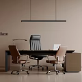 Modern Office Desk Setup With Black Leather Chair Brown Chairs And Hanging Pendant Light