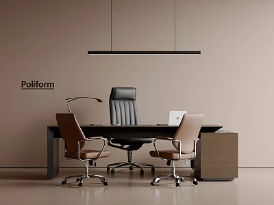 Modern Office Desk Setup With Black Leather Chair Brown Chairs And Hanging Pendant Light 3d model