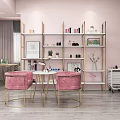 Beauty Salon Interior Design With Pink Chairs White Gold Shelves Green Plants And Beauty Products