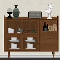 Rustic Wooden Sideboard Cabinet with Decorative Statue Radio Lamp and Dishes Storage