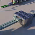 Industrial Factory Interior With Red Pipes Gray Containers Blue Machinery and Green Spheres
