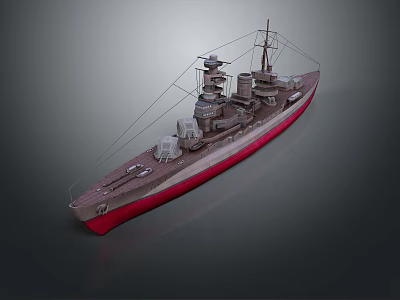 Vintage Battleship With Red Bottom Hull Gray Upper Deck And Turret Structures 3d model