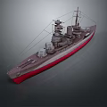Vintage Battleship With Red Bottom Hull Gray Upper Deck And Turret Structures 3d model