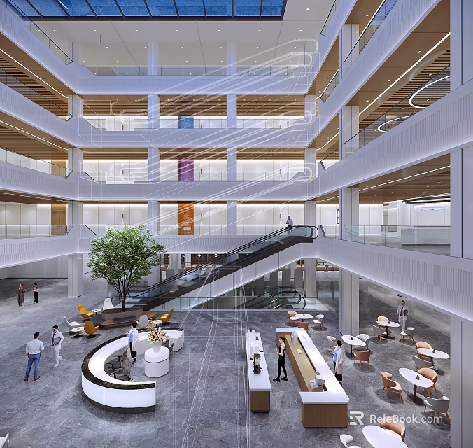 Modern Multi Story Atrium Interior Design With Curved Staircase Green Plant And Seating Areas 3d model 