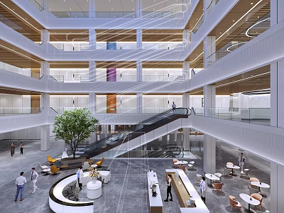 Modern Multi Story Atrium Interior Design With Curved Staircase Green Plant And Seating Areas 3d model