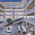 Modern Multi Story Atrium Interior Design With Curved Staircase Green Plant And Seating Areas