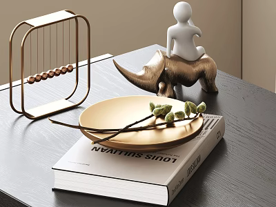 Decorative Ornament Set With Metal Frame Rhinoceros White Figurine Golden Tray Green Twigs On Book 3d model