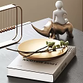 Decorative Ornament Set With Metal Frame Rhinoceros White Figurine Golden Tray Green Twigs On Book