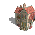 Cartoon House With Red Tiled Roof Chimney Palm Trees Green Lawn And Blue Sky