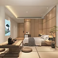 Modern Hotel Guest Room With Wooden Walls White Bedding Gray Throw Large Window Mountain Painting