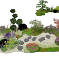Beautiful Garden Landscape With Various Bushes Colorful Flowers And Stone Pathway