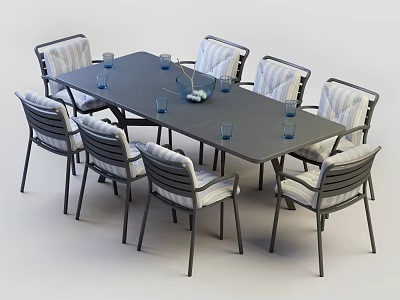 Rectangular Dining Table Set With Striped Chairs Glass Cups And Decorative Vase 3d model