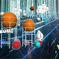 Futuristic Photo Check-in Spot With Hanging Colorful Spheres Glowing Lines And Geometric Shapes