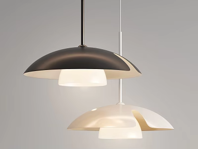 Two Modern Black And White Pendant Lights With Dome Shaped Shades Hanging 3d model