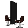 Brown Leather Chairs With Metal Frames And Large Mirror Reflecting Trees And Vines