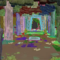 Ancient Stone Cave Interior With Pillars Stone Slabs And Glowing Entrance