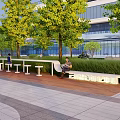 Outdoor Landscape Seats With People Sitting Under Green Trees And Modern Building Background