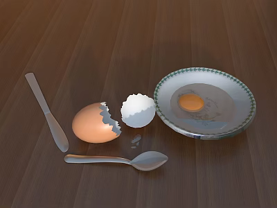 Cracked Egg With Yolk On Ceramic Plate And Kitchen Utensils On Wooden Table 3d model