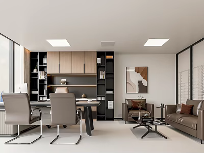 Spacious Modern Office Interior With Desk Chairs Bookshelves And Floor to Ceiling Windows 3d model