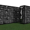 Building Exterior Wall with Gabion Black Metal Frame Natural Stones Green Grass Blue Sky