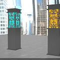 Outdoor Lights Featuring Blue And Yellow Glow With Intricate Cutout Patterns On Urban Lamp Posts 3d model