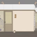 Japanese Style SPA Sauna with Lattice Windows Geisha Wall Art Warm Lighting Wooden Flooring