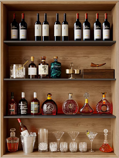 Various Wine Bottles and Glassware on Wooden Shelf for Home Bar 3d model