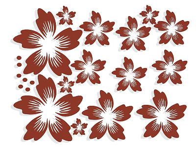 Red Flower Silhouettes In Various Sizes With Decorative Patterns And Ornamental Dots 3d model