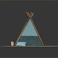 Turquoise Kids Tepee Tent With Wooden Poles Small Blanket And Toys