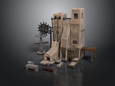 Industrial Scene Components With Stone Tower Gear Mechanism And Wooden Platform 3d model