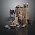 Industrial Scene Components With Stone Tower Gear Mechanism And Wooden Platform