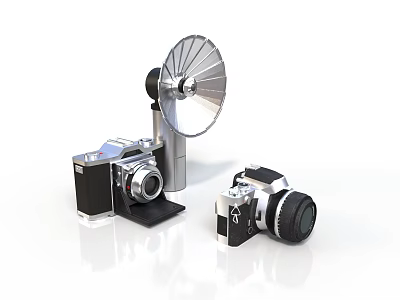 Vintage Old Style Cameras And Flash Unit As Classic Household Supplies 3d model