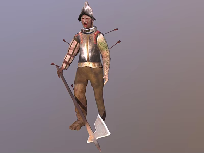 Game and Movie Character in Metal Armor with Helmet Holding Sword and Spikes on Back 3d model