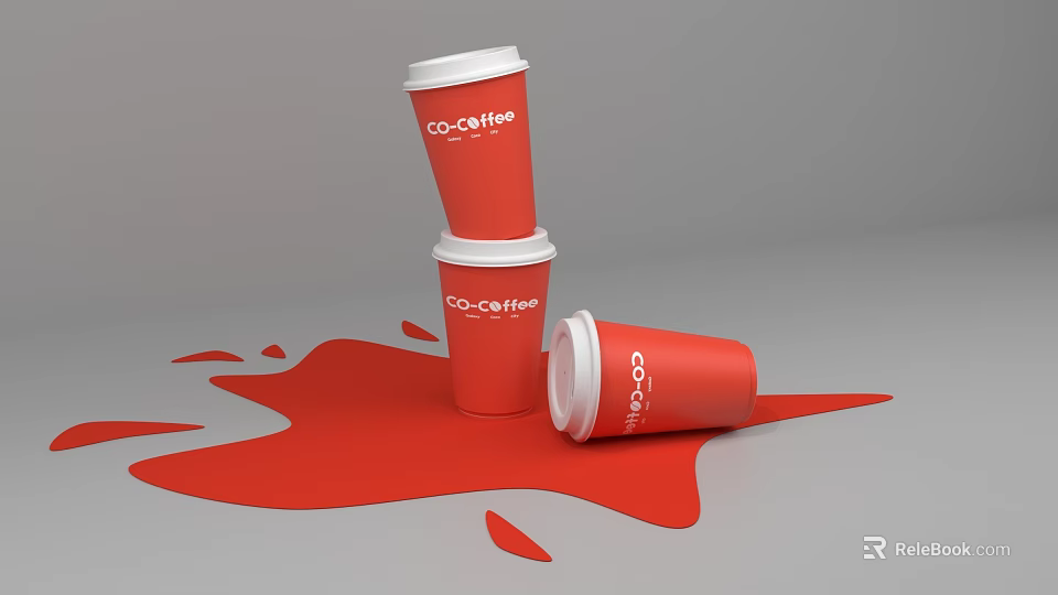 Red CO COFFEE Paper Cups Stacked Two And Spilled One With Liquid Stain 3d model 