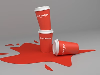 Red CO COFFEE Paper Cups Stacked Two And Spilled One With Liquid Stain 3d model