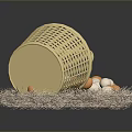 Chicken Eggs White And Orange Scattered From Golden Woven Basket On Straw Mat