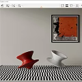 Red And White Conical Objects On Black White Checkered Table With Orange Black Wall Art 3d model