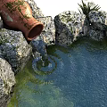 Garden Featuring Circular Stone Pond with Clay Pot Pouring Rippling Water and Mossy Stones