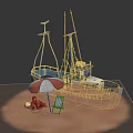 Vintage Wooden Boat On Sandy Beach With Umbrella Chair Ball And Shells