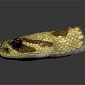 Shiny Snake Head With Yellow And Brown Scales And Black Eyes On Dark Background