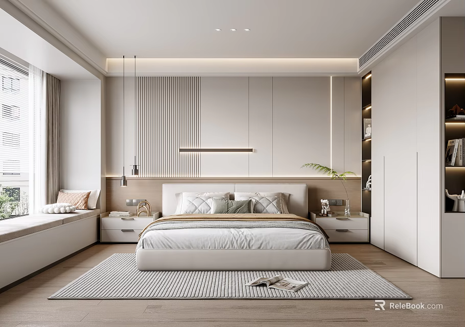 Modern Bedroom Interior With Platform Bed Wall Paneling Nightstands And Window Bench 3d model 