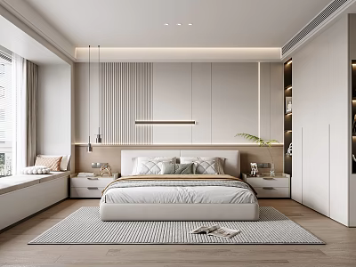 Modern Bedroom Interior With Platform Bed Wall Paneling Nightstands And Window Bench 3d model