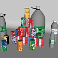 Assorted Bottled and Canned Beverages Including Mineral Water and Carbonated Drinks