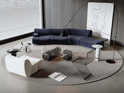 Modern Navy Blue Sofa And Coffee Table Set With Round Table Artwork And Floor Lamp 3d model